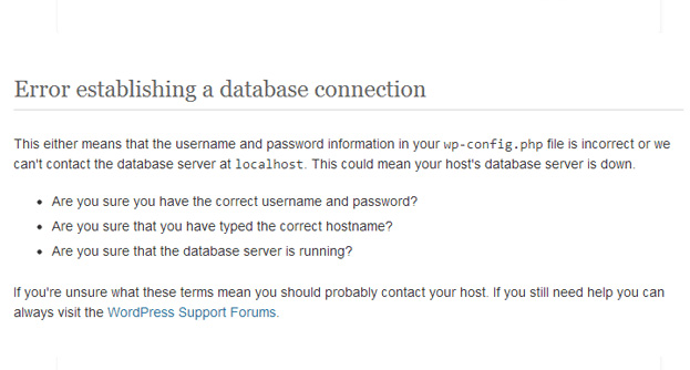 ERROR ESTABLISHING A DATABASE CONNECTION WordPress error